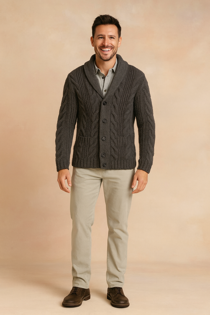 Full-length model wearing the charcoal cardigan with light khakis and brown leather shoes 6