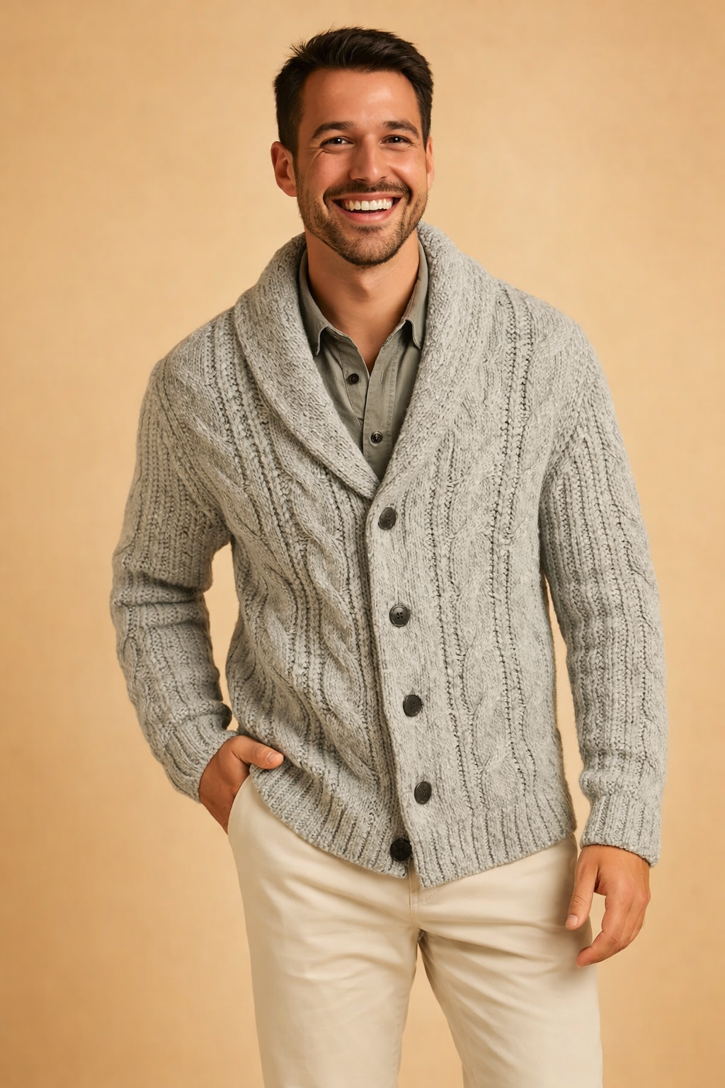 Light gray cardigan on a smiling model, showing textured cables and dark buttons, hand in pocket 7