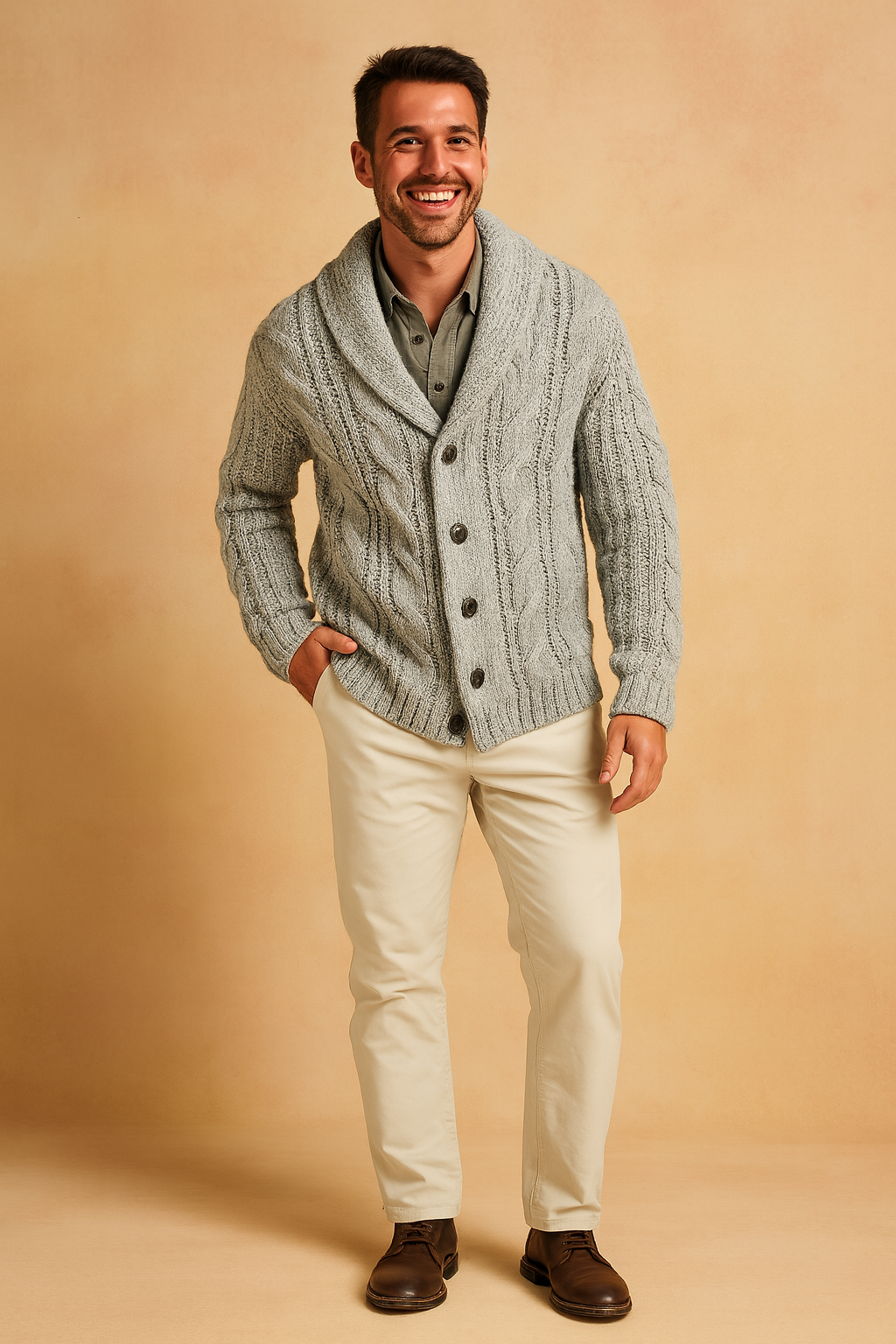 Full-length view of the light gray cardigan with cream pants and brown boots on a tan backdrop 8