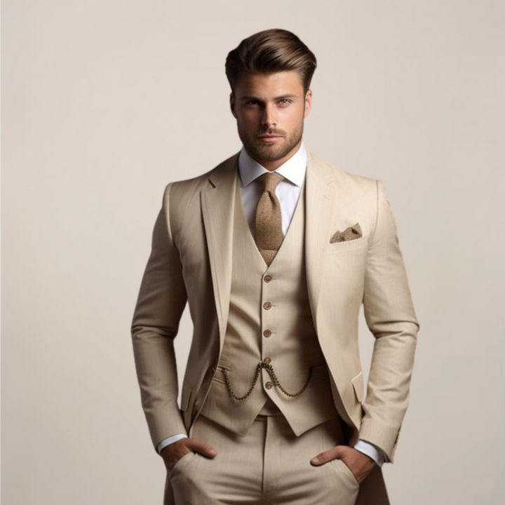 Men's three-piece suit in beige with a white shirt, knit tie, pocket square and vest chain.