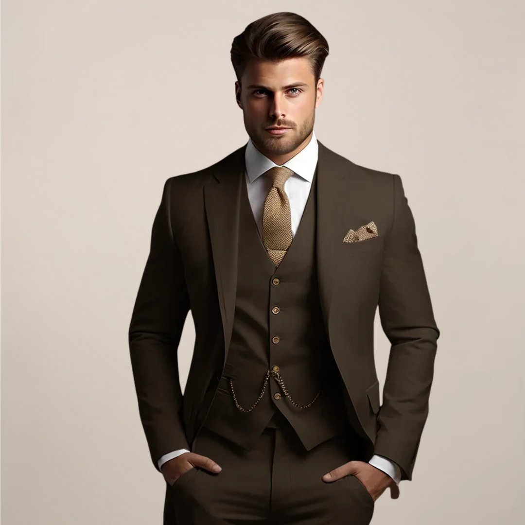 Men's three-piece suit in dark brown with a white shirt, tan knit tie and pocket square.