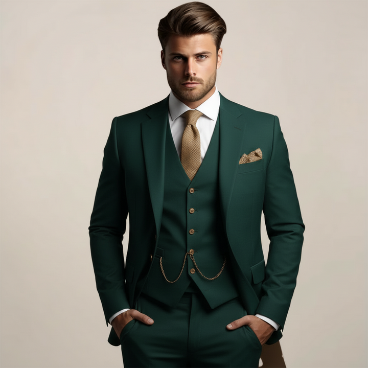 Men's three-piece suit in deep forest green with a white shirt, tan knit tie and vest chain.