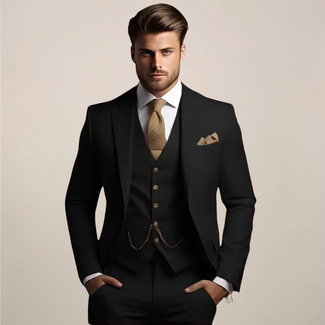 Men's three-piece suit in black with a white shirt, tan knit tie, pocket square and vest chain.