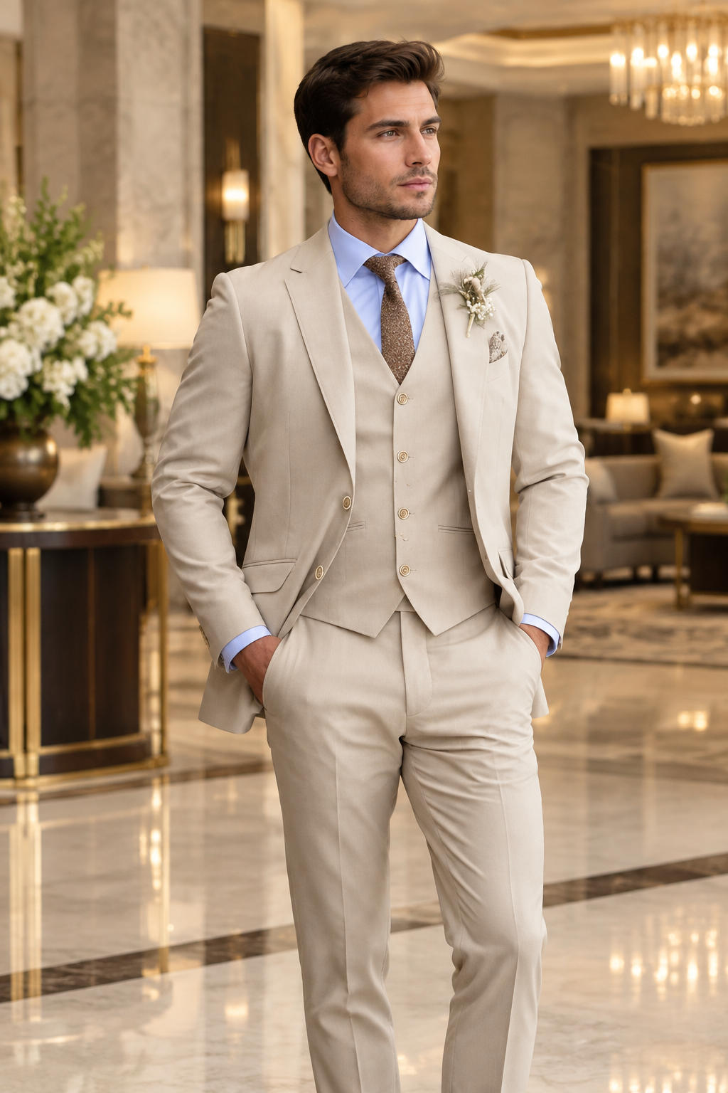 Model in a beige three-piece suit with light blue shirt, brown tie and boutonniere in a marble hotel lobby 1