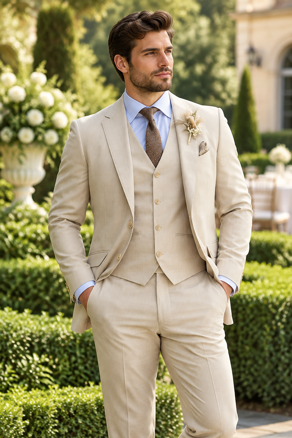 Man in a beige three-piece suit with blue shirt, brown tie and boutonniere in a garden 1