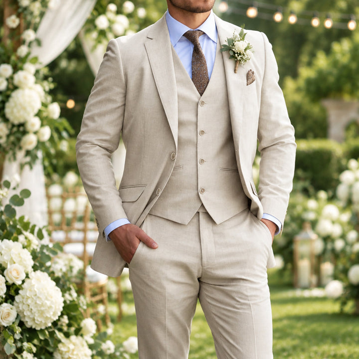 Model in a beige three-piece suit with light blue shirt, standing among white flowers at an outdoor wedding 1