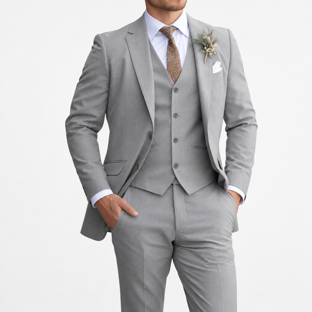 Model in a light gray three-piece suit with white shirt, brown tie and floral boutonniere, plain white background 8