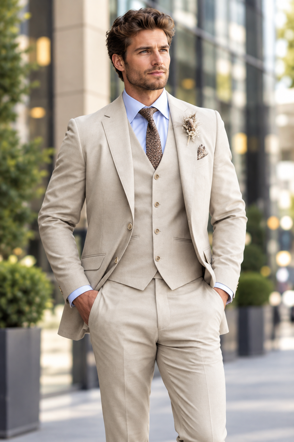 Model in a beige suit, vest and blue shirt stands on a city sidewalk, hands in pockets 1