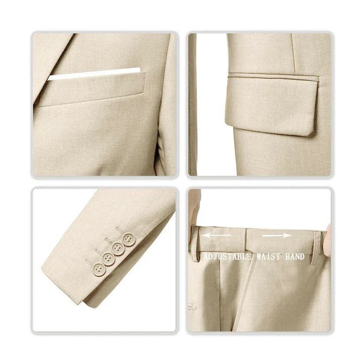 Four-panel detail collage of the beige suit: chest pocket, flap pocket, four-button cuff and adjustable waistband 5