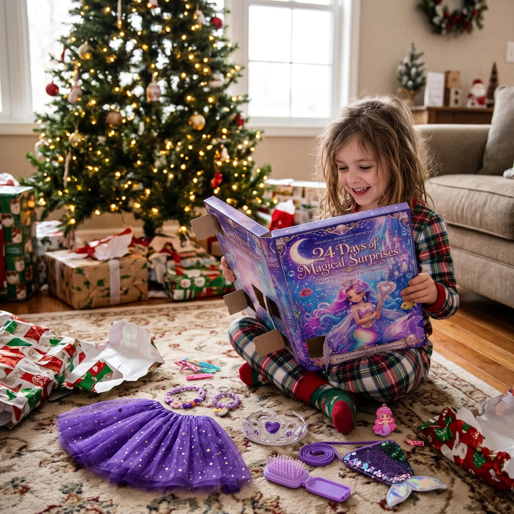Smiling girl in plaid pajamas opens the calendar box by a Christmas tree, tutu and accessories on the rug 1