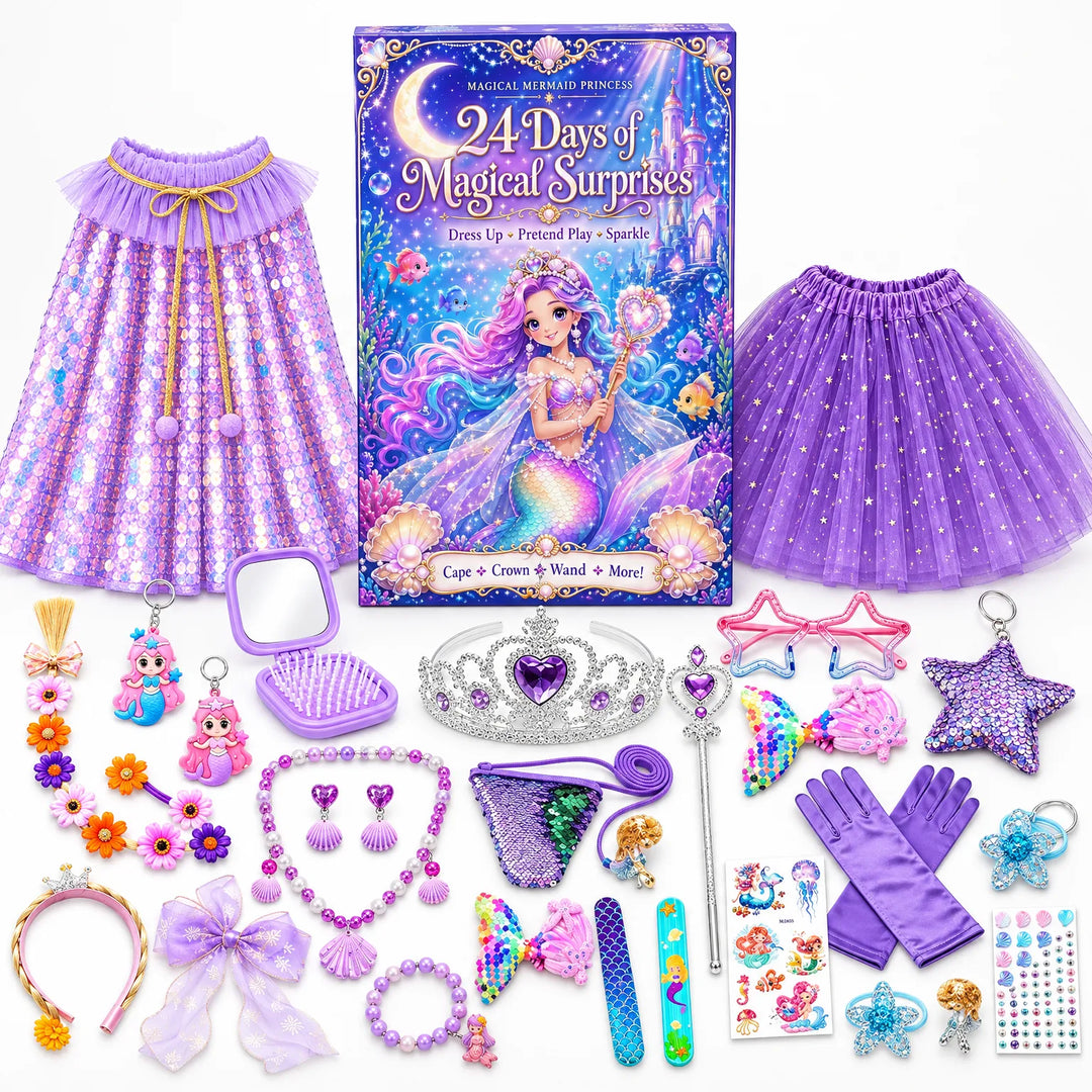 Flat lay of the boxed calendar with purple sequin cape, tutu, tiara, wand, jewelry and hair accessories 2
