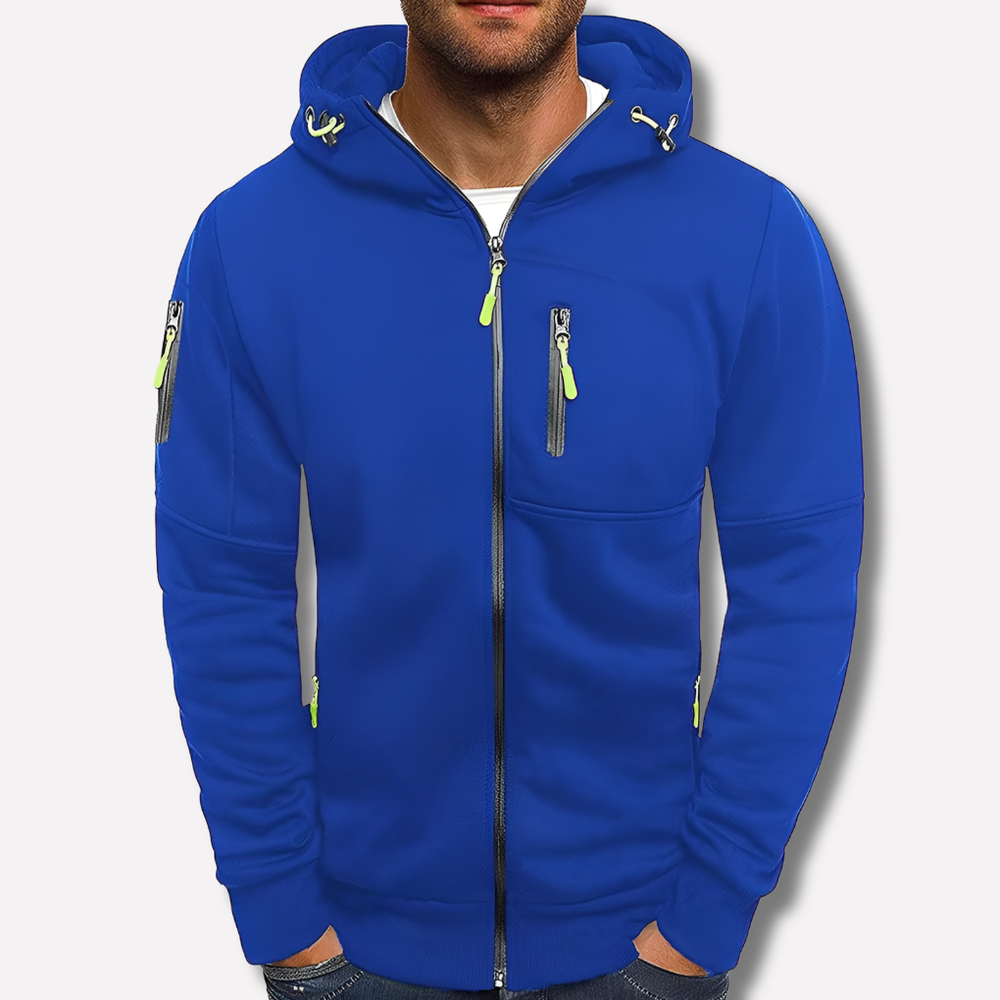 Royal blue zip-up hoodie detail with lime green pulls and chest and sleeve zip pockets.