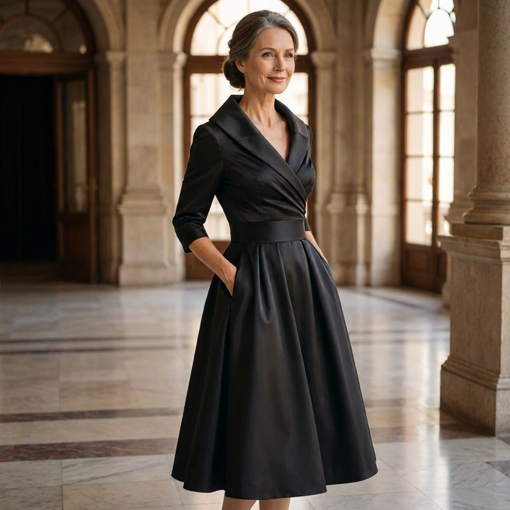 Black satin dress with side pockets in a marble hall with arched windows.