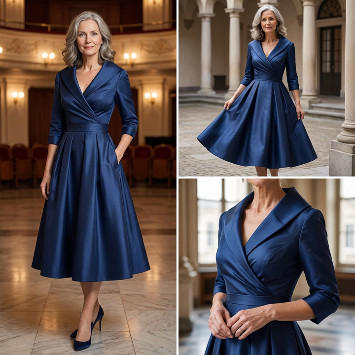 Collage of a navy satin dress with full-length, twirling and collar close-up views.