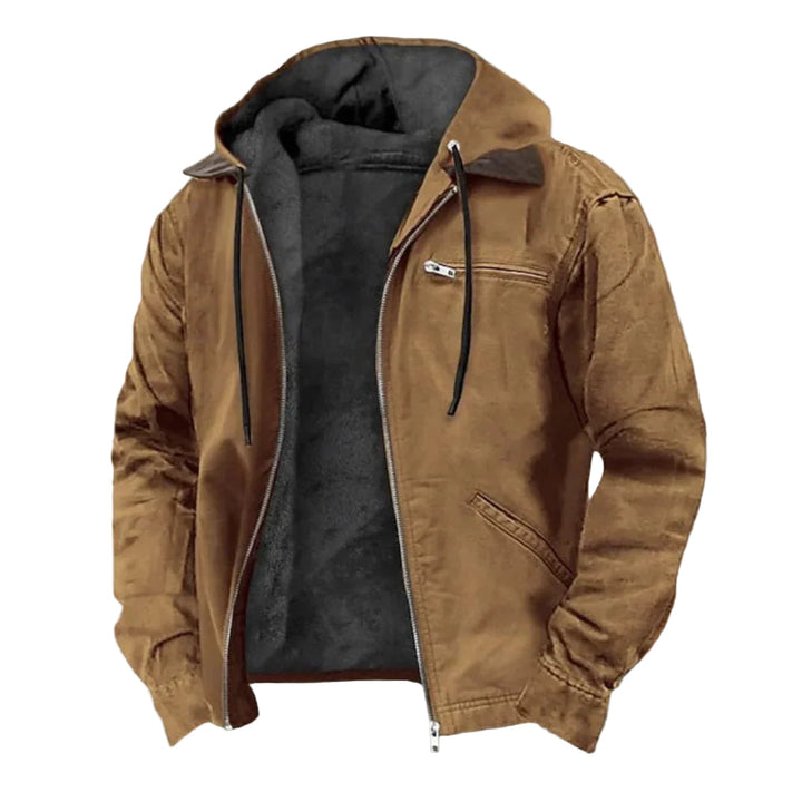 Tan zip-up hooded jacket on a plain white background, open to show the dark fleece lining, chest zip pocket and drawstrings. 1