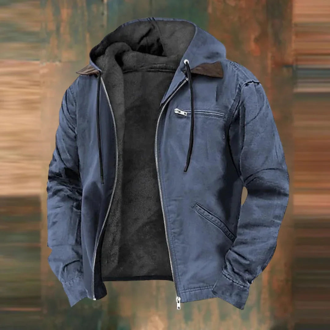Blue version of the hooded zip jacket, open to reveal dark fleece lining, shown against a blurred brown and green backdrop. 2