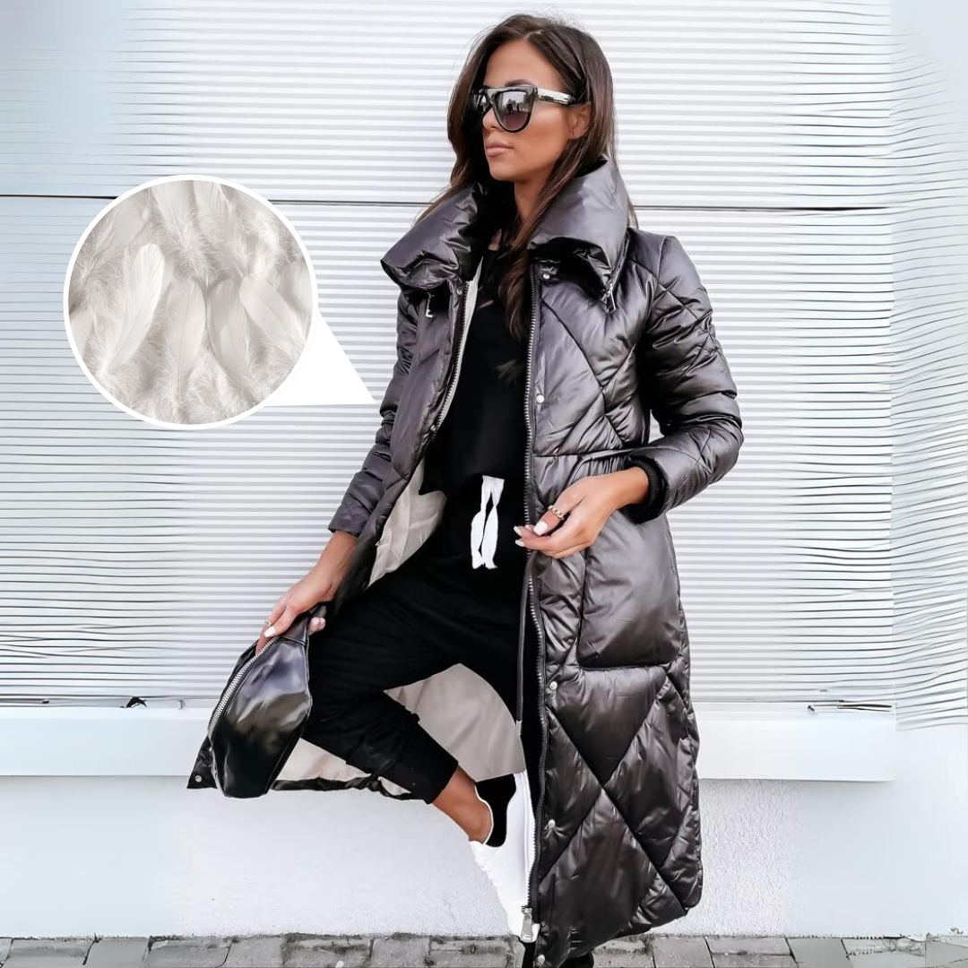 Black quilted long coat with a circular inset close-up of the down filling.