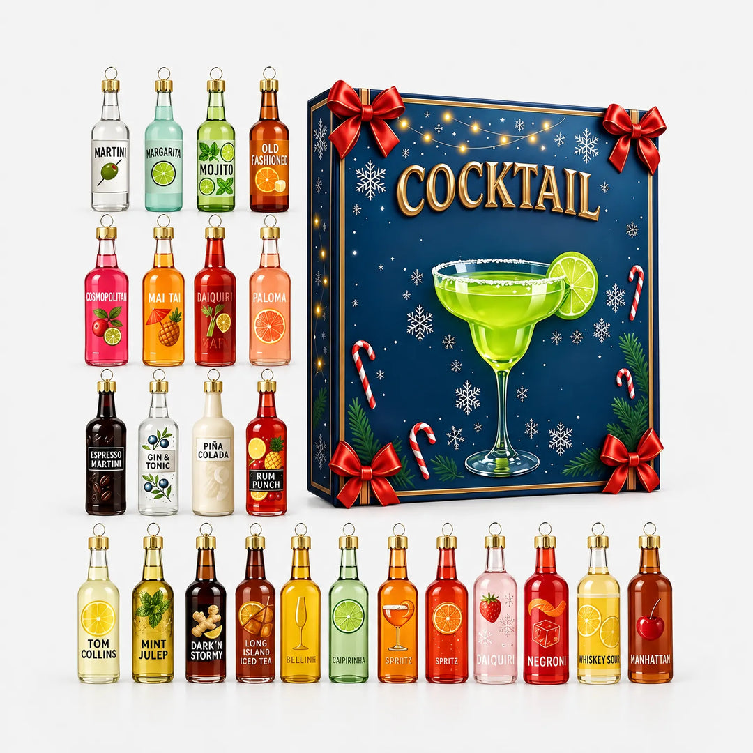Full set of twenty-four miniature bottle ornaments in assorted colors lined up beside a navy gift box with red bows. 2