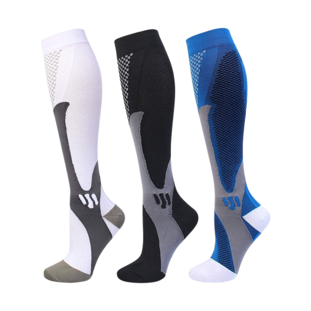 Three knee-high compression socks side by side in white, black and blue, each with gray panels and a mesh pattern. 1