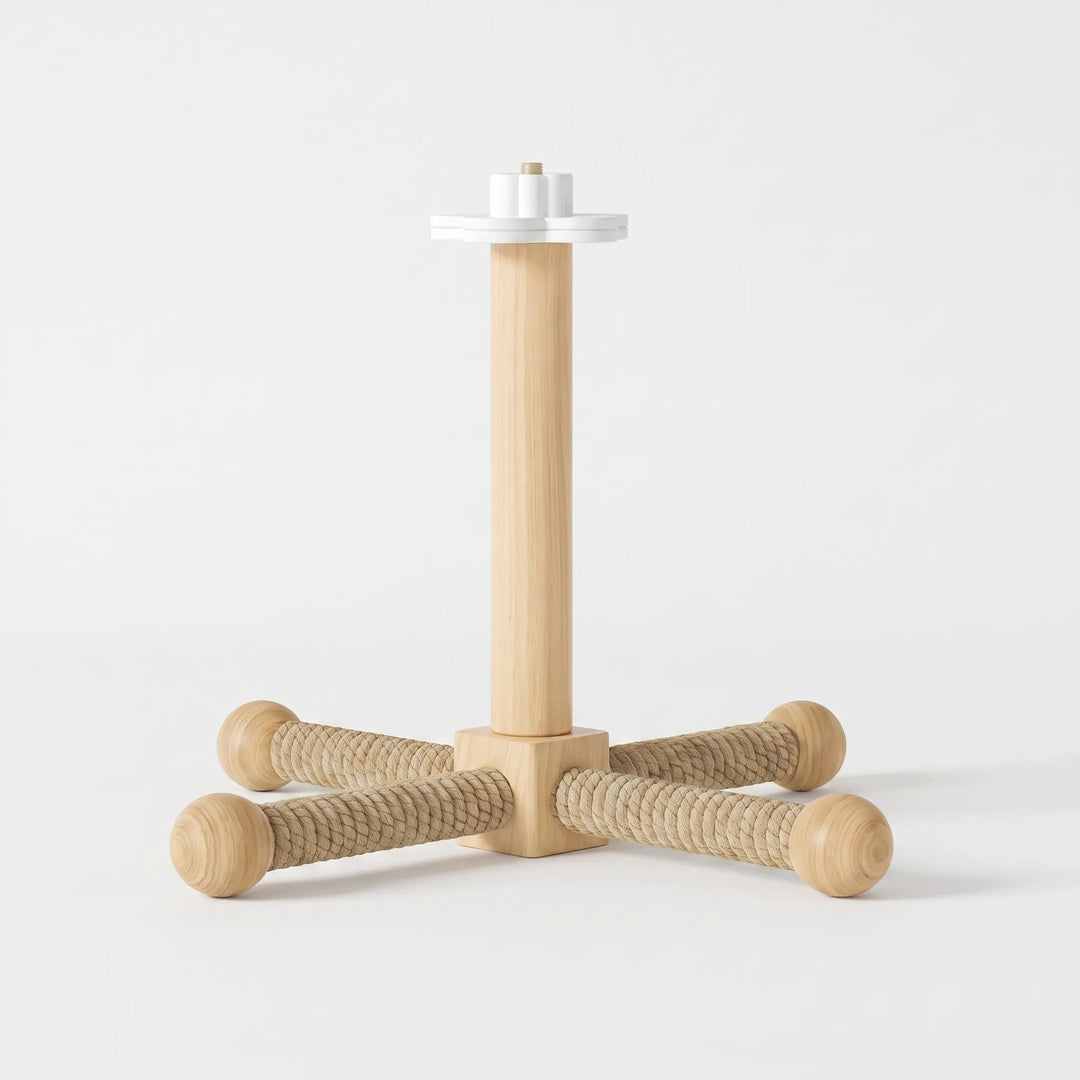 Wooden bird perch with a tall center post, white flower-shaped mount on top and four natural rope-wrapped arms with wooden ball ends. 1