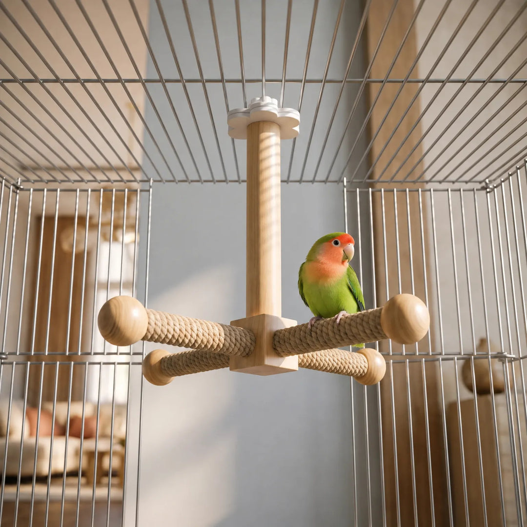 Perch hanging upside down from the top of a wire cage, with a green and orange lovebird standing on one rope arm. 2