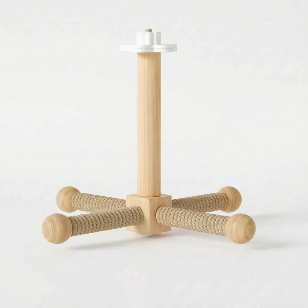Natural rope version of the perch seen from a slightly different angle, showing the wooden hub, four rope arms and white top mount. 5