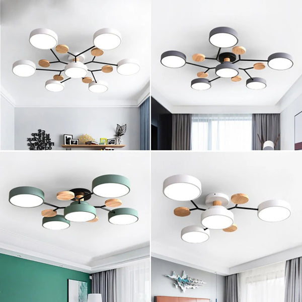 Four-panel collage of the ceiling light in white, gray and green, each with wood discs 1