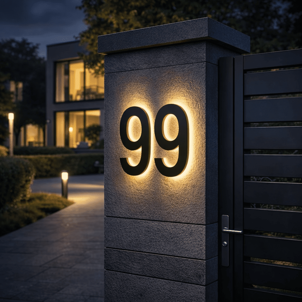 Black backlit double-digit house numbers with a warm glow on a stone gate pillar at dusk.