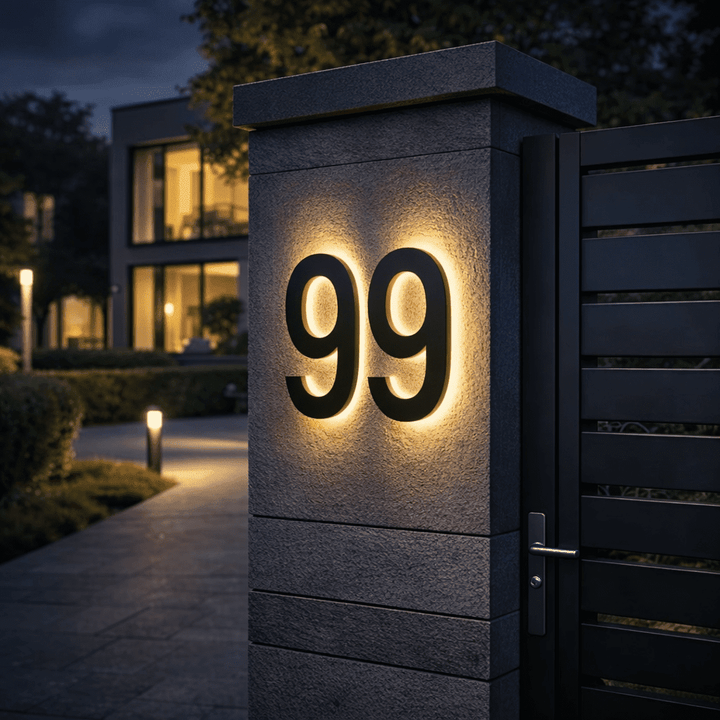 Black backlit double-digit house numbers with a warm glow on a stone gate pillar at dusk.