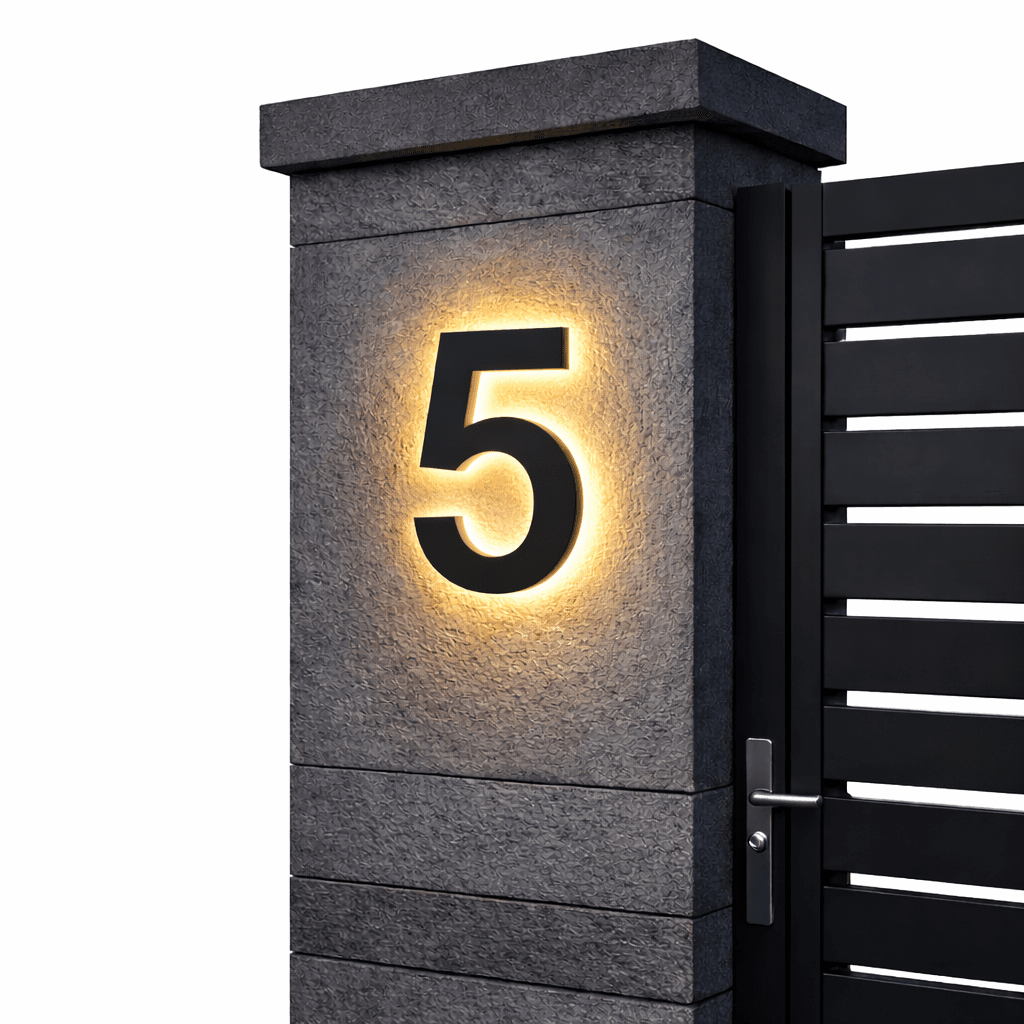 Black backlit house number 5 with a warm glow on a dark stone gate pillar beside a black slatted gate.