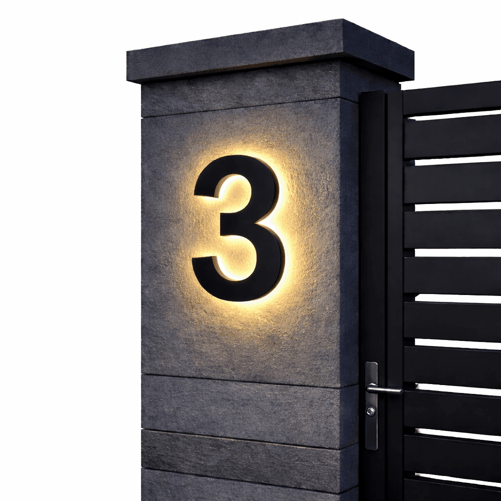 Black backlit house number 3 with a warm glow on a dark stone gate pillar beside a black slatted gate.