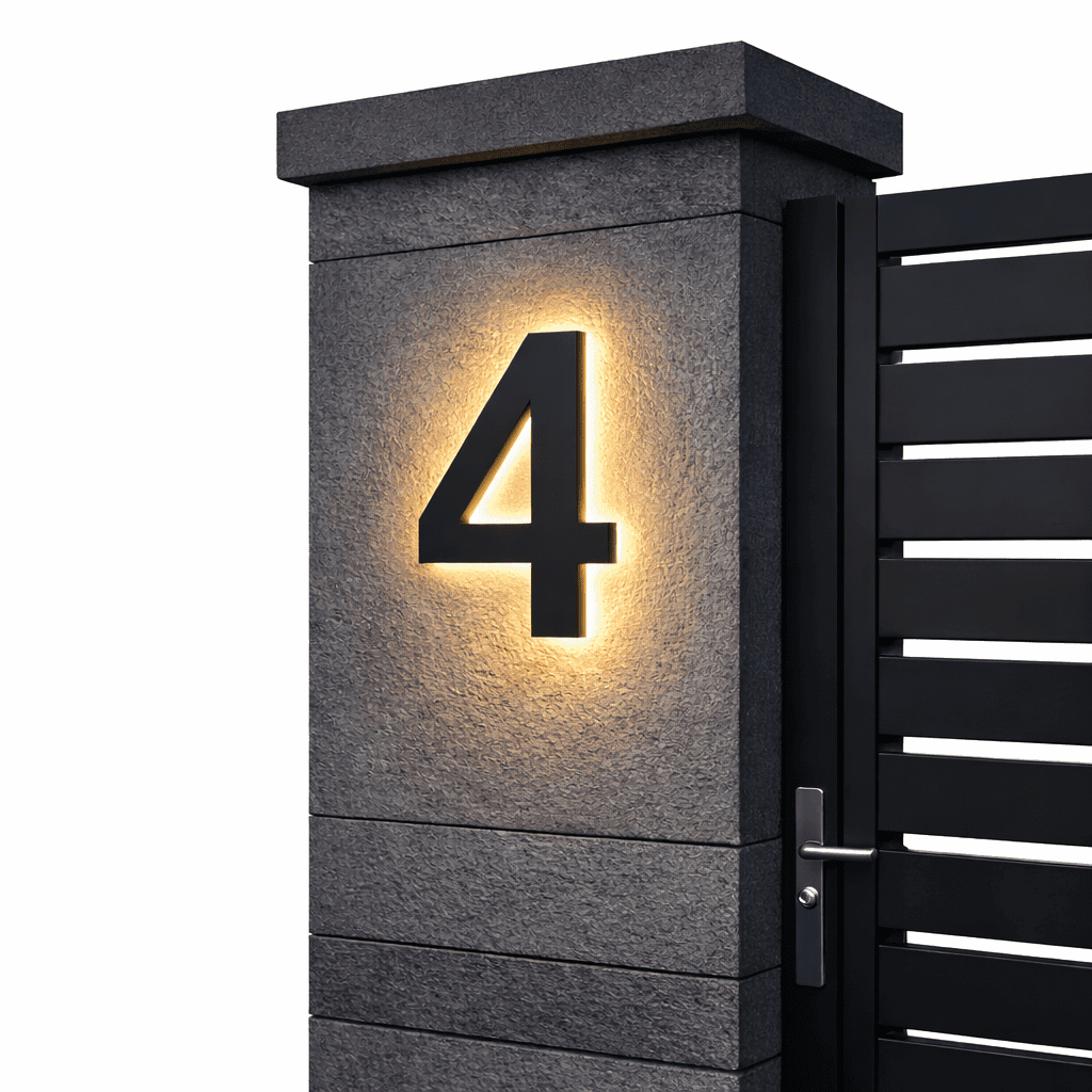 Black backlit house number 4 with a warm glow on a dark stone gate pillar beside a black slatted gate.