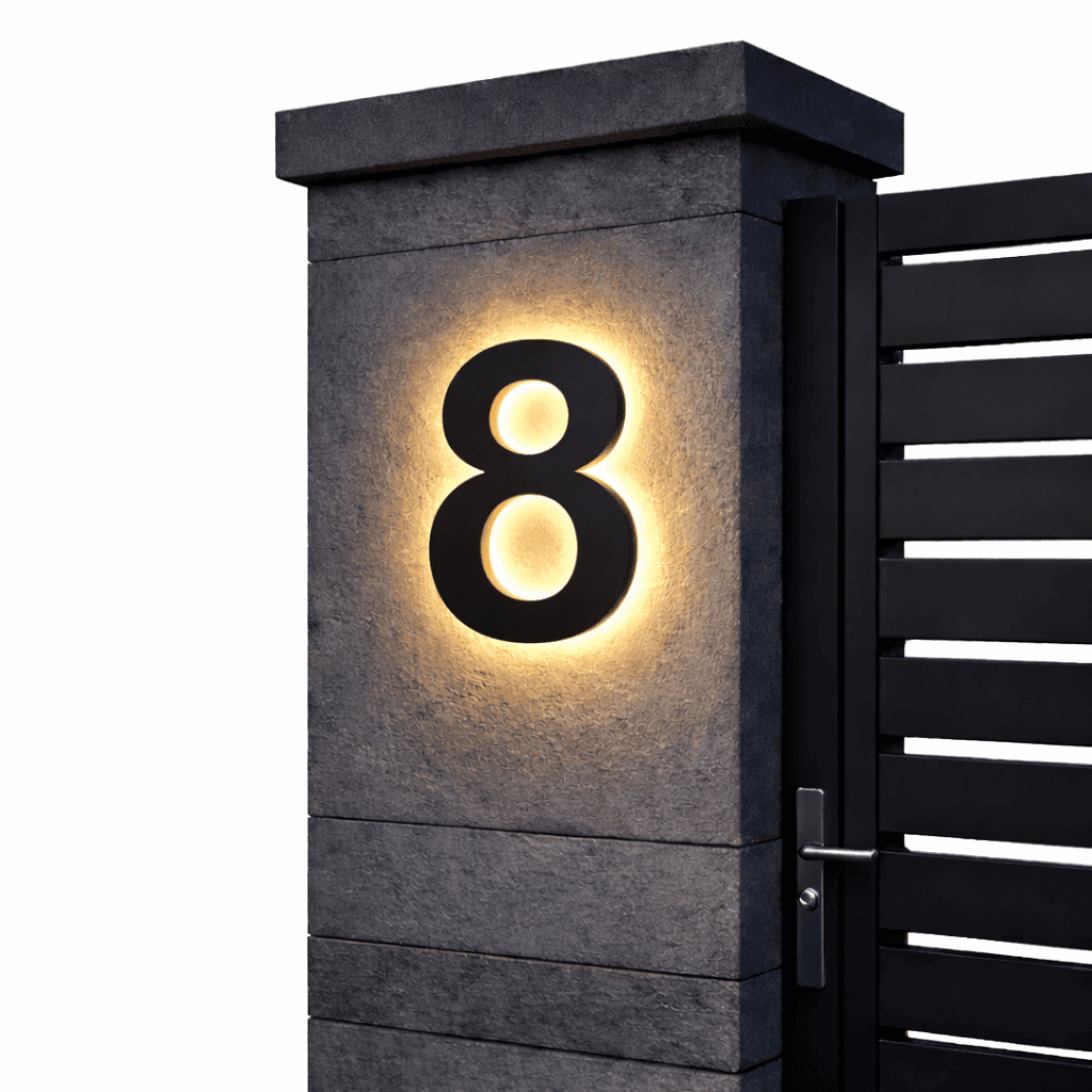 Black backlit house number 8 with a warm glow on a dark stone gate pillar beside a black slatted gate.
