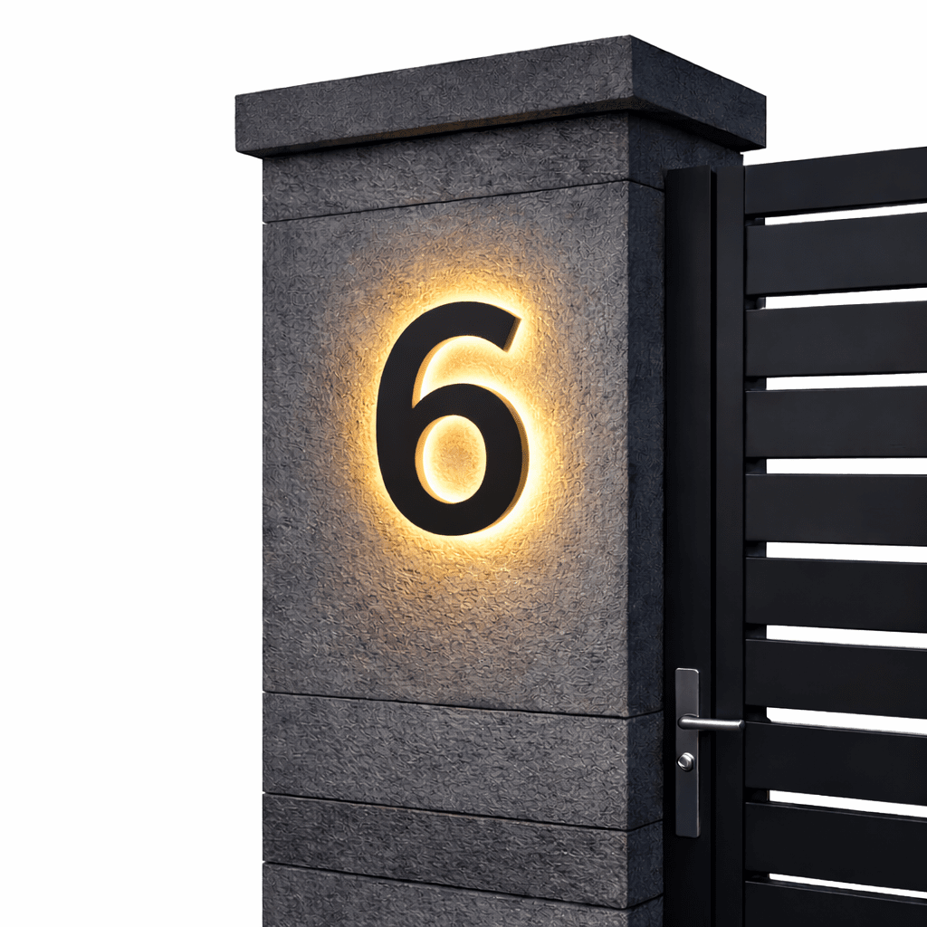 Black backlit house number 6 with a warm glow on a dark stone gate pillar beside a black slatted gate.