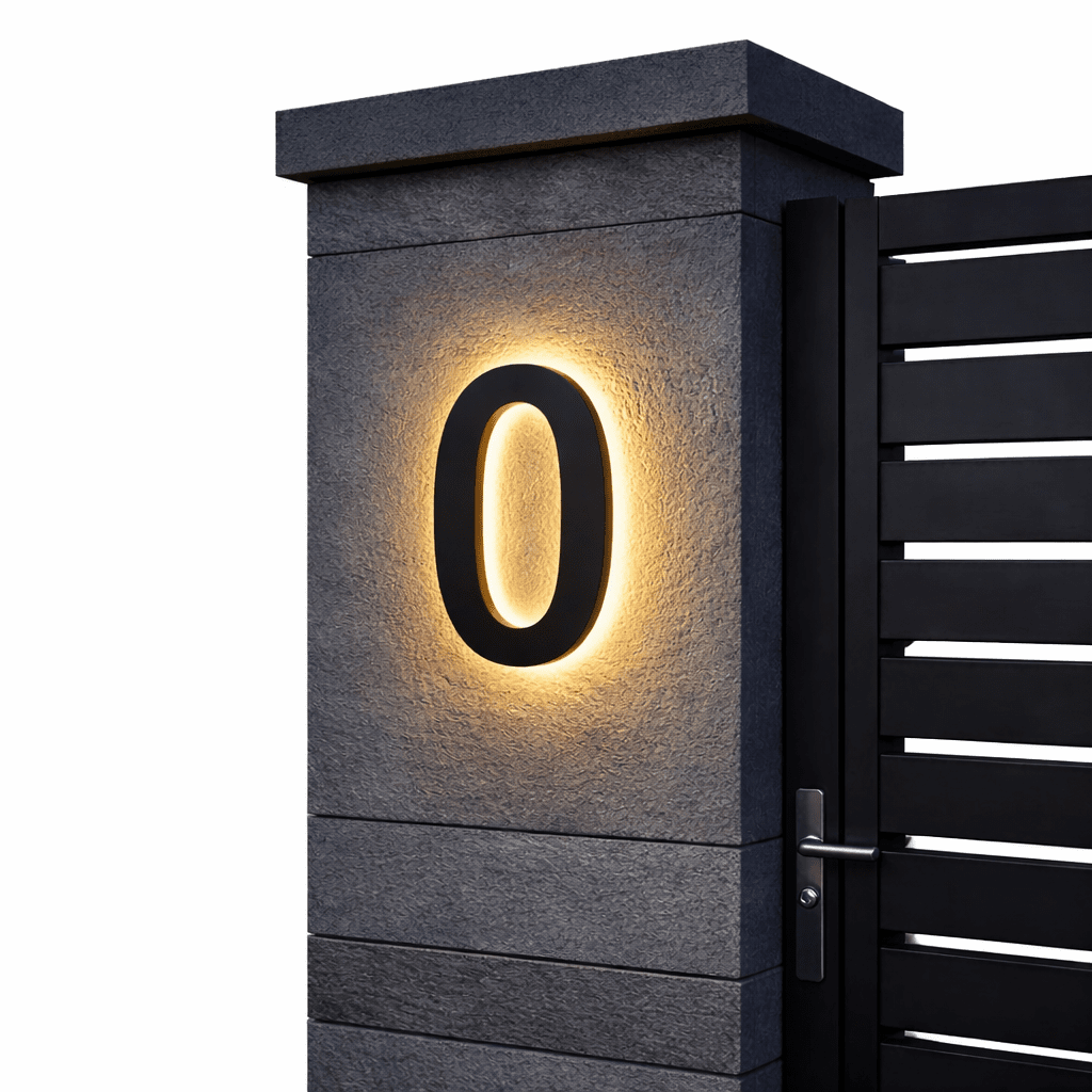 Black backlit house number 0 with a warm glow on a dark stone gate pillar beside a black slatted gate.
