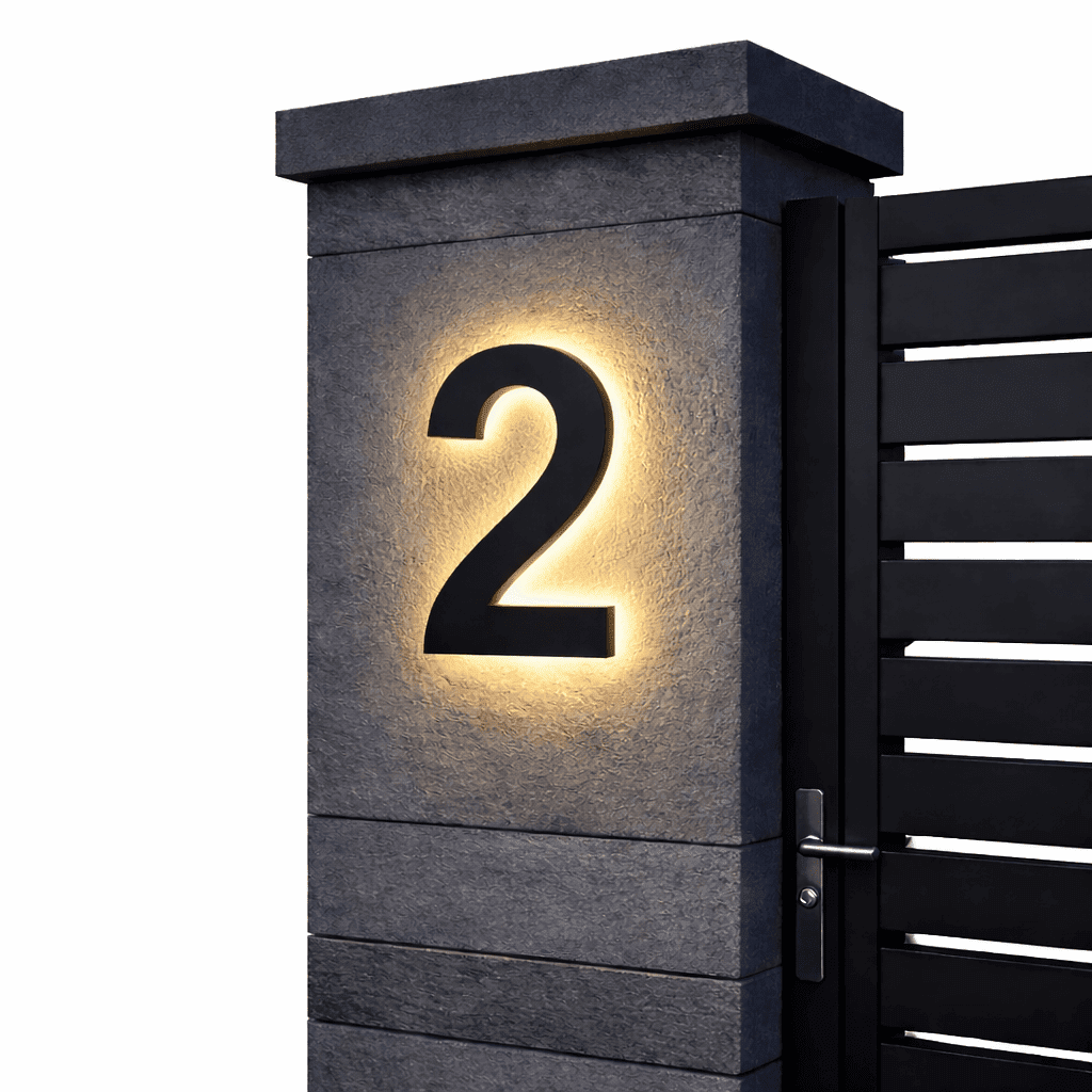 Black backlit house number 2 with a warm glow on a dark stone gate pillar beside a black slatted gate.