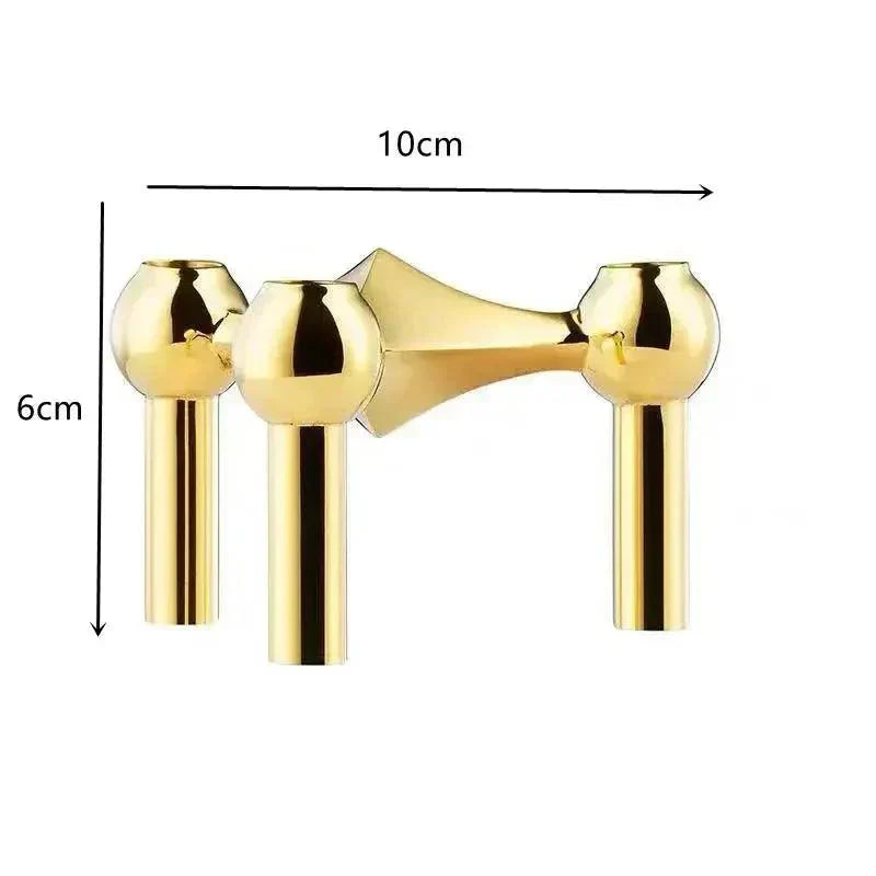 Gold modular candle holder with three ball sockets, marked with a width of 10cm and a height of 6cm.