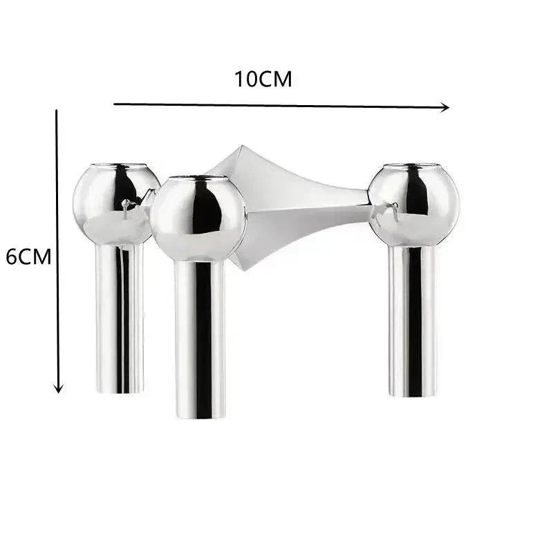 Silver modular candle holder with three ball sockets, marked with a width of 10cm and a height of 6cm.