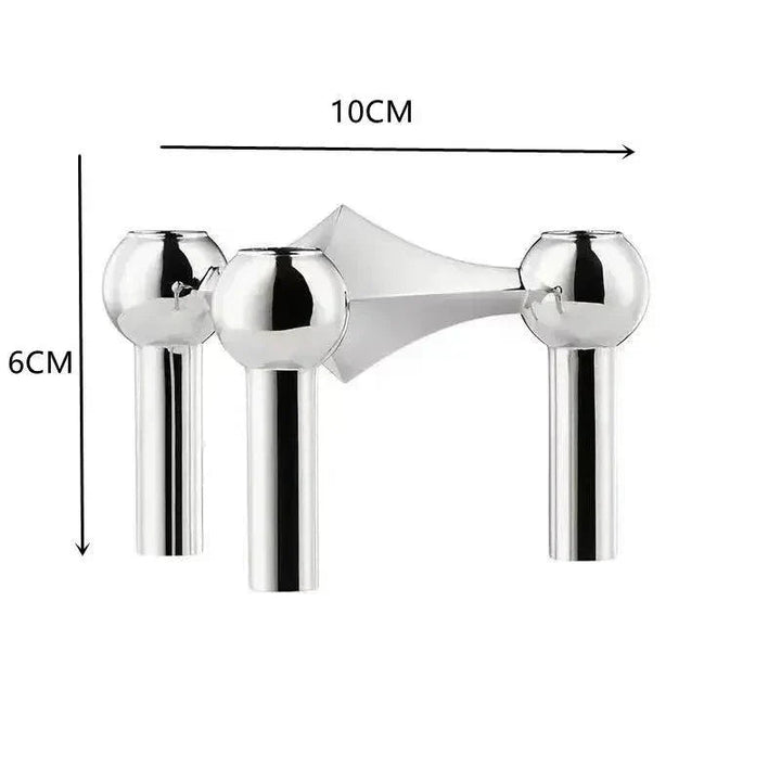 Silver modular candle holder with three ball sockets, marked with a width of 10cm and a height of 6cm.