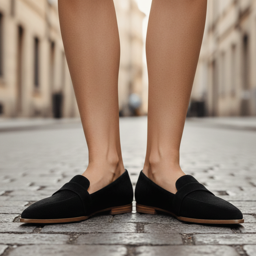 Front view of black suede pointed-toe loafers with a wrap strap and a low stacked heel, worn on a cobblestone street. 2