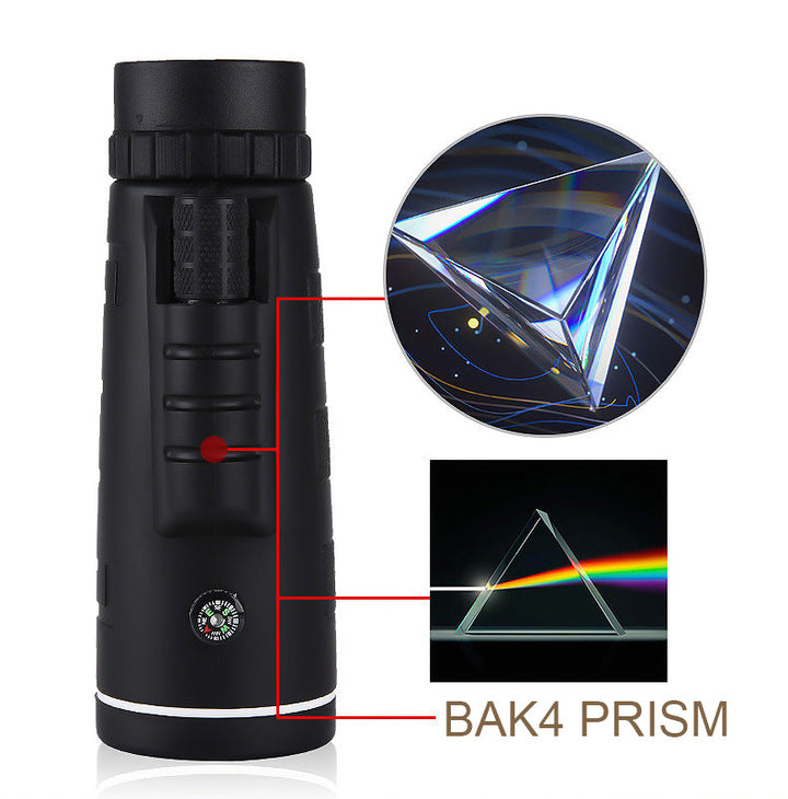 Front view of the monocular with a compass at the base and prism illustrations.