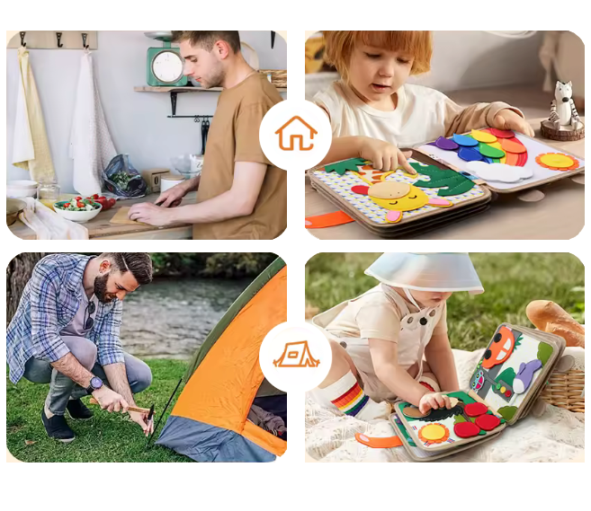 Four lifestyle scenes: a man cooking, a toddler playing with the felt book, a man at a tent, and a child on a picnic blanket.