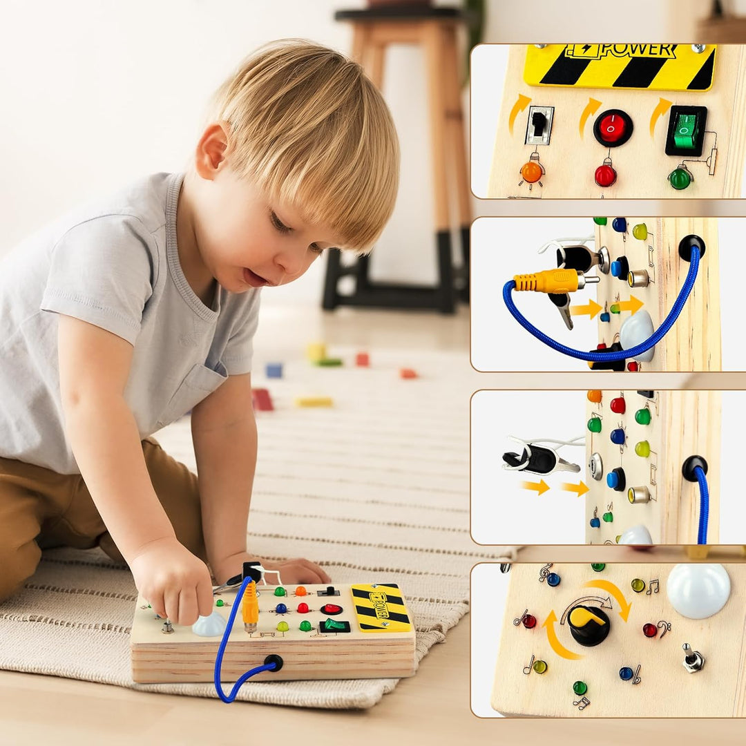 Toddler playing with the Montessori LED busy board with close-up detail insets of the switches, cord plug, key and rotary knob.