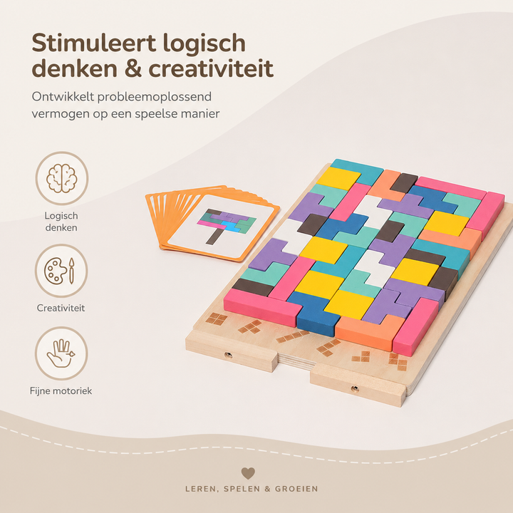 Slotted board completely filled with colorful blocks, a fan of task cards beside it, and icons for logic, creativity and fine motor skills. 6