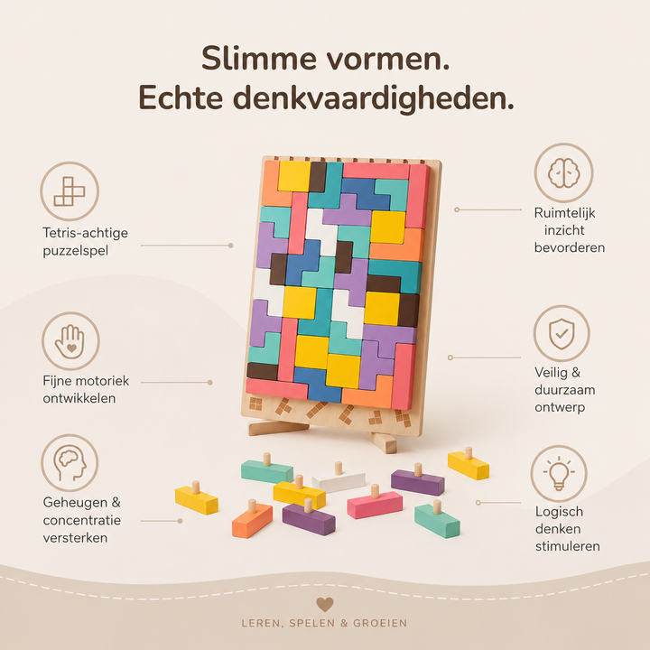 Infographic showing the filled board on its stand with loose pegged blocks in front, surrounded by icons for skills and safety. 8