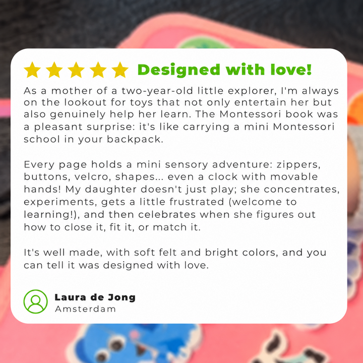 Customer review card with five gold stars, set over a blurred close-up of the pink activity book. 11