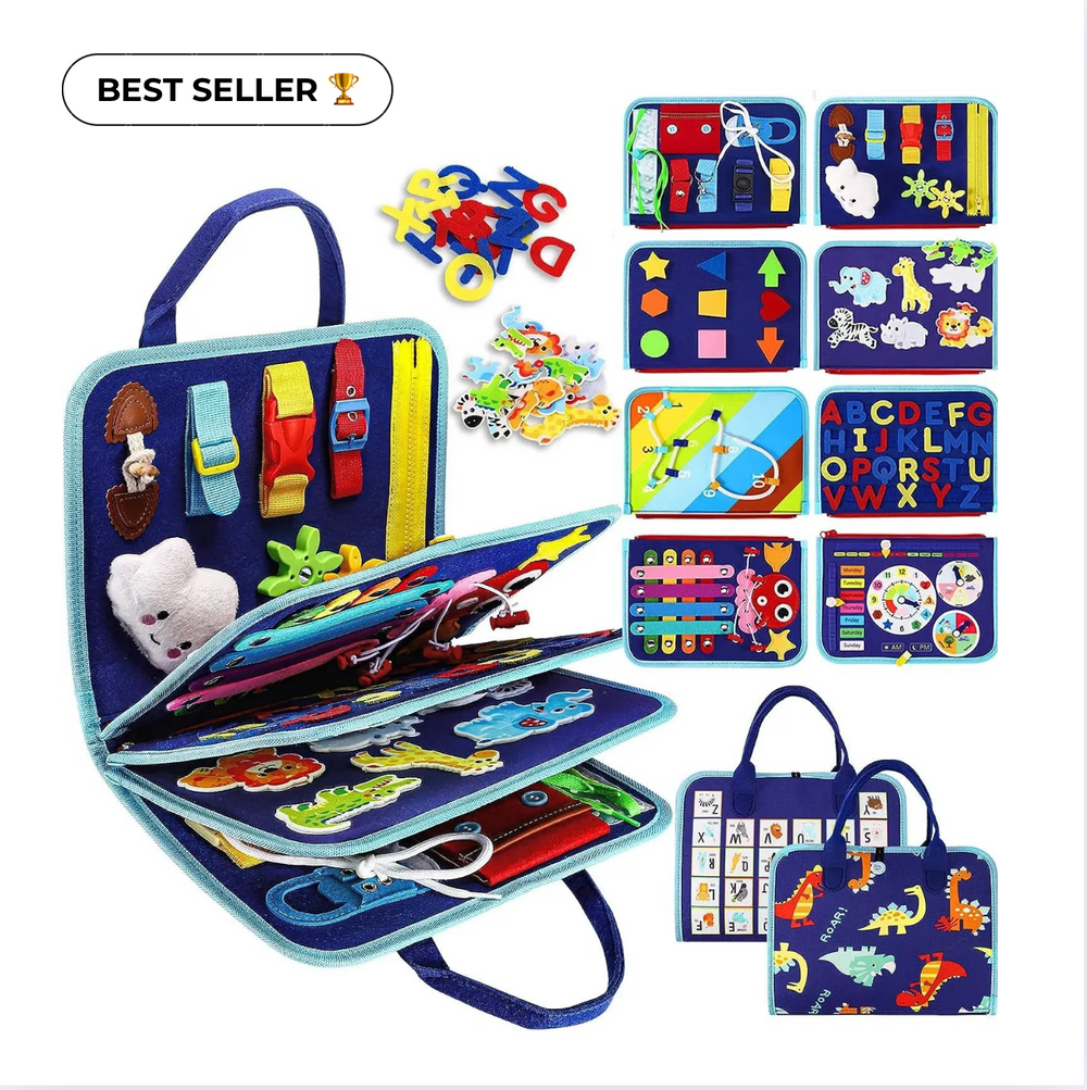 Navy and light blue felt activity book fanned open, with eight page previews, loose letters and animals, and a dinosaur-print carry bag. 2