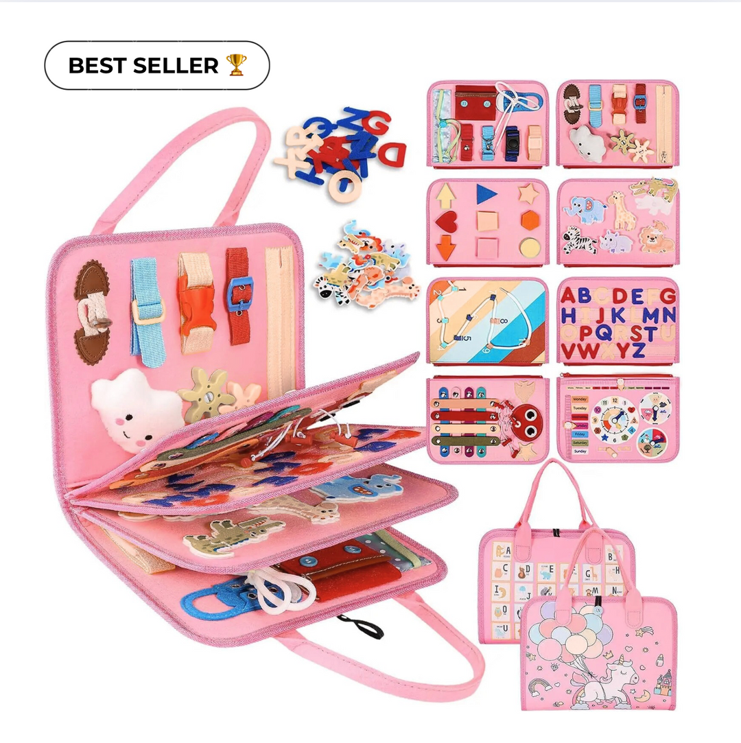 Pink felt activity book fanned open with buckles, zippers, lacing and a plush cloud, plus eight page previews, loose letters, animals and unicorn bag. 1
