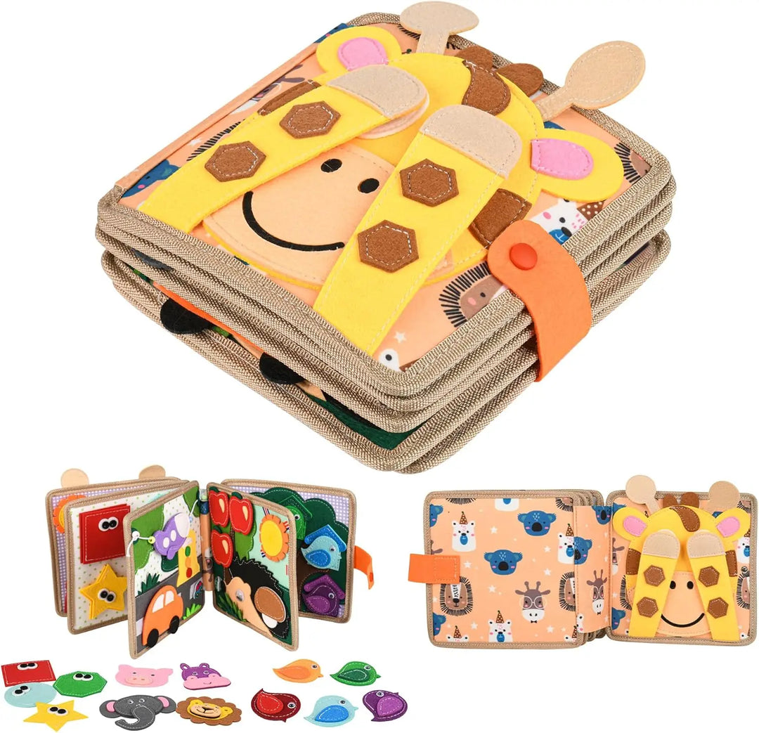 Felt giraffe-cover activity book closed and opened, with loose felt animals, birds and shapes laid out below it.