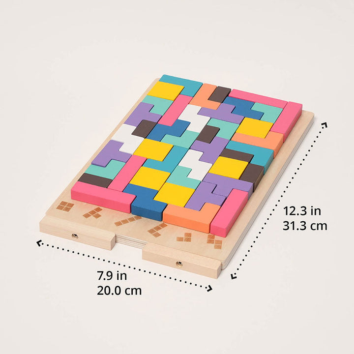 Completed puzzle board lying flat, with arrows marking its size at about 12.3 by 7.9 inches. 13
